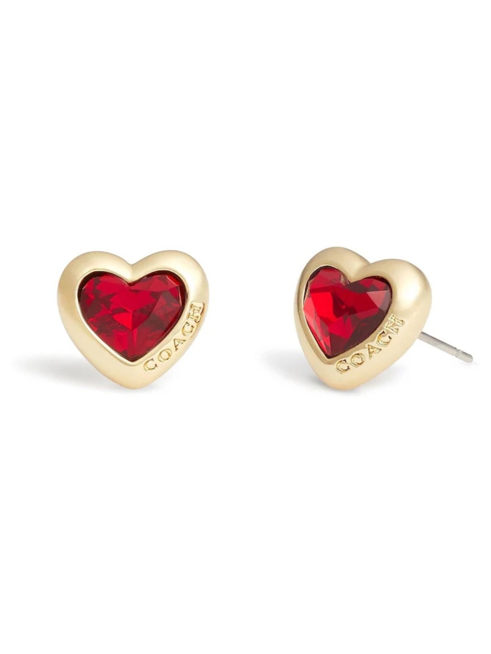 COACH Gold-Tone Heart Stud Earrings with Red Crystal Centers